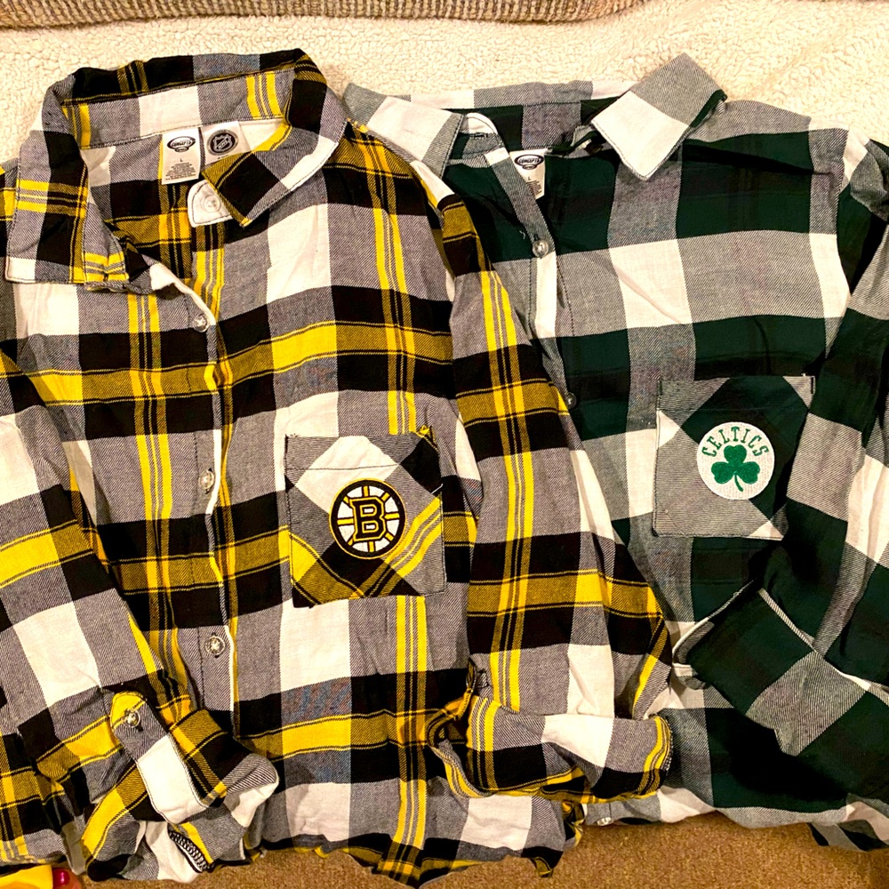 Women’s flannel Boston Bruins and Boston Celtics button down shirts